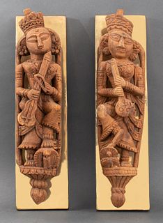 Southeast Asian Carved Wood Apsara Figures, 2