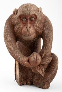 Antique Hand-Carved Wood Macaque Sculpture