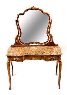 A Louis XV Style Gilt Bronze Mounted Mahogany Dressing Table Height 68 x width 47 3/8 x depth 24 inches.