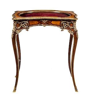 A Louis XV Style Gilt Bronze Mounted Burlwood Vitrine Table Height 27 1/2 x width 24 x depth 14 inches.