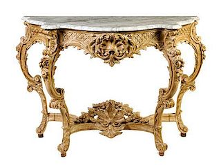 A Louis XV Style Cerused Wood Console Table Height 36 x width 54 1/4 x depth 20 inches.