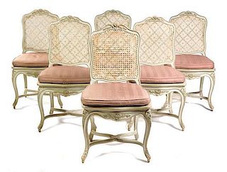 * A Set of Six Louis XV Style Painted Dining Chairs Height 38 inches.