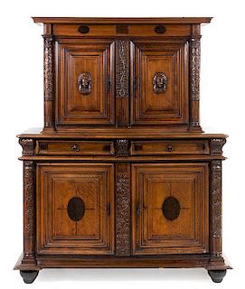 * A French Walnut Buffet a Deux Corps Height 73 1/2 x width 58 1/4 x depth 23 1/2 inches.