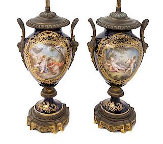 A Pair of Sevres Style Gilt Bronze Mounted Porcelain Vases Height 23 1/2 inches overall.