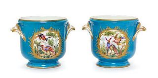 A Pair of Sevres Style Porcelain Cache Pots Height 4 1/2 inches.