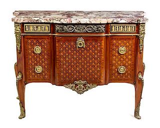 A Louis XV/XVI Transitional Style Gilt Bronze Mounted Marquetry Commode Height 36 x width 50 x depth 22 inches.