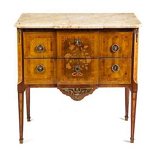A Louis XV/XVI Transitional Marquetry Commode Height 34 1/4 x width 34 1/4 x depth 18 1/4 inches.