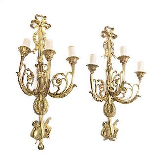 * A Pair of Louis XVI Style Gilt Bronze Three-Light Sconces Height 24 1/2 inches.