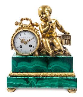 A French Gilt Bronze and Malachite Mounted Figural Mantel Clock Height 14 inches.