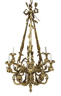 A Louis XVI Style Gilt Bronze Twelve-Light Chandelier Height 54 1/2 x diameter 32 1/2 inches.
