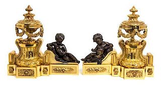 * A Pair of Louis XVI Style Gilt and Patinated Bronze Figural Chenets Height 18 1/4 inches.