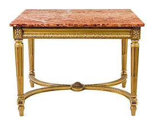 * A Louis XVI Style Giltwood Console Table Height 29 1/8 x width 38 1/2 x depth 25 inches.