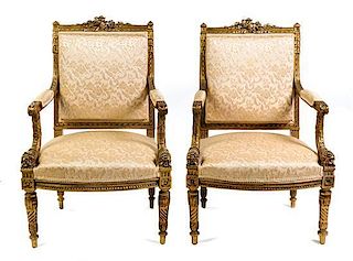 * A Pair of Louis XVI Style Giltwood Fauteuils Height 37 1/2 inches.