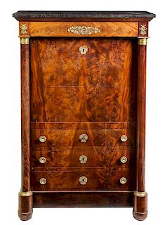An Empire Gilt Bronze Mounted Mahogany Secretaire a Abattant Height 56 x width 37 x depth 18 inches.