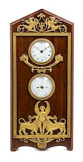 An Empire Style Gilt Bronze Mounted Mahogany Desktop Clock and Barometer Height 14 inches.