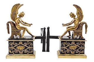A Pair of Empire Style Gilt and Patinated Bronze Chenets Height 13 5/8 inches.