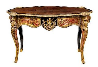 A Napoleon III Style Gilt Bronze Mounted Boulle Marquetry Writing Table Height 29 x width 48 1/2 x depth 29 inches.