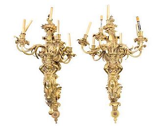 A Pair of Gilt Bronze Seven-Light Sconces Height 42 inches.