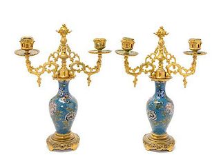 A Pair of French Gilt Bronze and Cloisonne Two-Light Candelabra Height 13 5/8 inches.