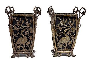 * A Pair of Bronze Mounted Tole Vases Height 11 1/2 inches.