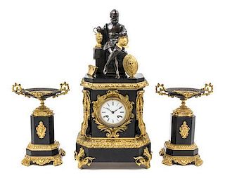 * A French Gilt and Patinated Bronze Mounted Slate Garniture Height of clock 22 inches.