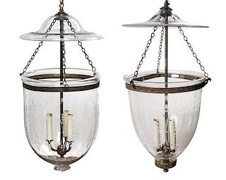 A Matched Pair of Etched Glass Three-Light Hall Lanterns Diameter of largest 10 1/2 inches.