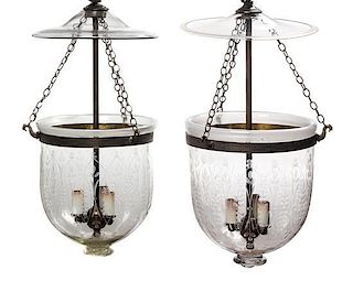 A Pair of Etched Glass Three-Light Hall Lanterns Diameter of shade 9 5/8 inches.
