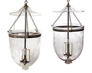 A Pair of Etched Glass Three-Light Hall Lanterns Diameter of shade 11 3/4 inches.