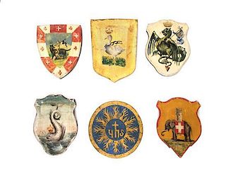 A Set of Six Painted Wood Plaques Height of tallest 5 5/8 inches.