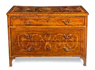 * An Italian Marquetry Commode Height 34 3/4 x width 49 x depth 22 1/2 inches.