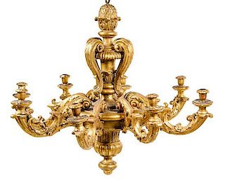 * An Italian Giltwood Eight-Light Chandelier Width 43 inches.