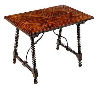 * A Spanish Baroque Parquetry Decorated Side Table Height 25 x width 33 1/4 x depth 21 3/4 inches.