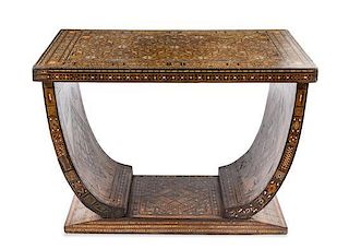 * A Syrian Parquetry and Mother-of-Pearl Inlaid Console Table Height 31 1/4 x width 46 x depth 31 1/4 inches.