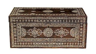 A North African Bone Inlaid Hardwood Trunk Height 15 x width 32 x depth 16 inches.