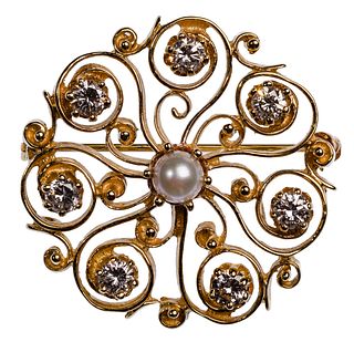 14k Yellow Gold, Pearl and Diamond Brooch