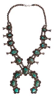 Native American Sterling Silver and Turquoise Squash Blossom Necklace