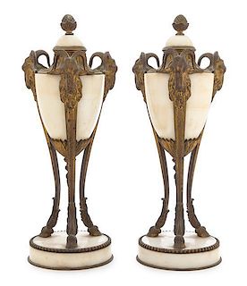 A Pair of Neoclassical Gilt Bronze Mounted Marble Urns Height 14 inches