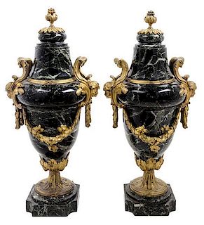 A Pair of Continental Gilt Bronze and Marble Urns Height 19 inches.