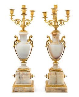 A Pair of Continental Gilt Bronze Mounted Onyx Four-Light Candelabra Height 27 1/8 inches.