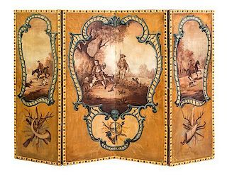 A Continental Painted Canvas Four-Panel Floor Screen Height 61 1/2 x width of each panel 21 1/4 inches.