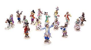 A Meissen Porcelain Fifteen-Piece Monkey Band Height of tallest 7 inches.
