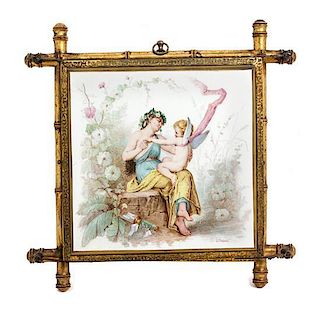 A Continental Porcelain Mounted Three-Panel Mirror Height 13 x width 33 5/8 inches (open).