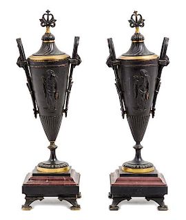 A Pair of Continental Bronze and Marble Urns Height 16 1/4 inches.
