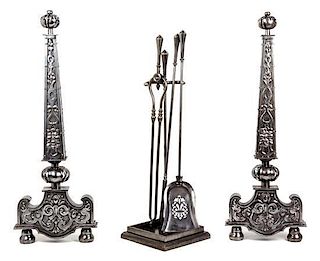 * A Pair of Neoclassical Steel Andirons Height 33 1/2 inches.
