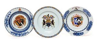 * Three Chinese Export Porcelain Armorial Plates Diameter of largest 8 7/8 inches.