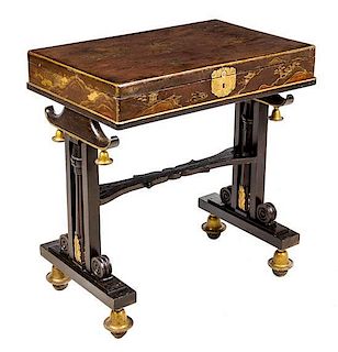 * A Regency Style Japanned Writing Desk Height 29 x width 27 1/2 x depth 18 1/4 inches.