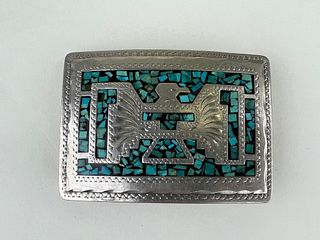 Navajo Sterling Belt Buckle with Turquoise Inlay