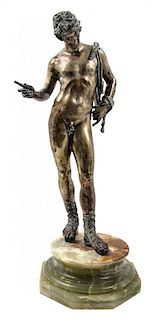 A Continental Silver Figure of Narcissus, After the Antique, raised on an octagonal onyx base.