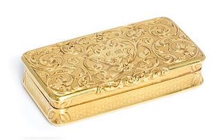 * A French 18 Karat Gold Snuff Box, Possibly Louis Tassin, Paris, the lid worked with foliate volute and floral elements and 