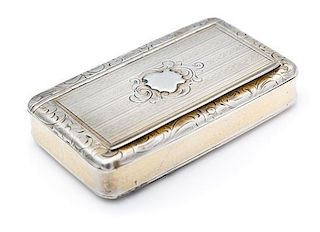 A French Silver Snuff Box, Maker's Mark Obscured, of rectangular form, the lid rim worked to show floral and foliate motifs, 
